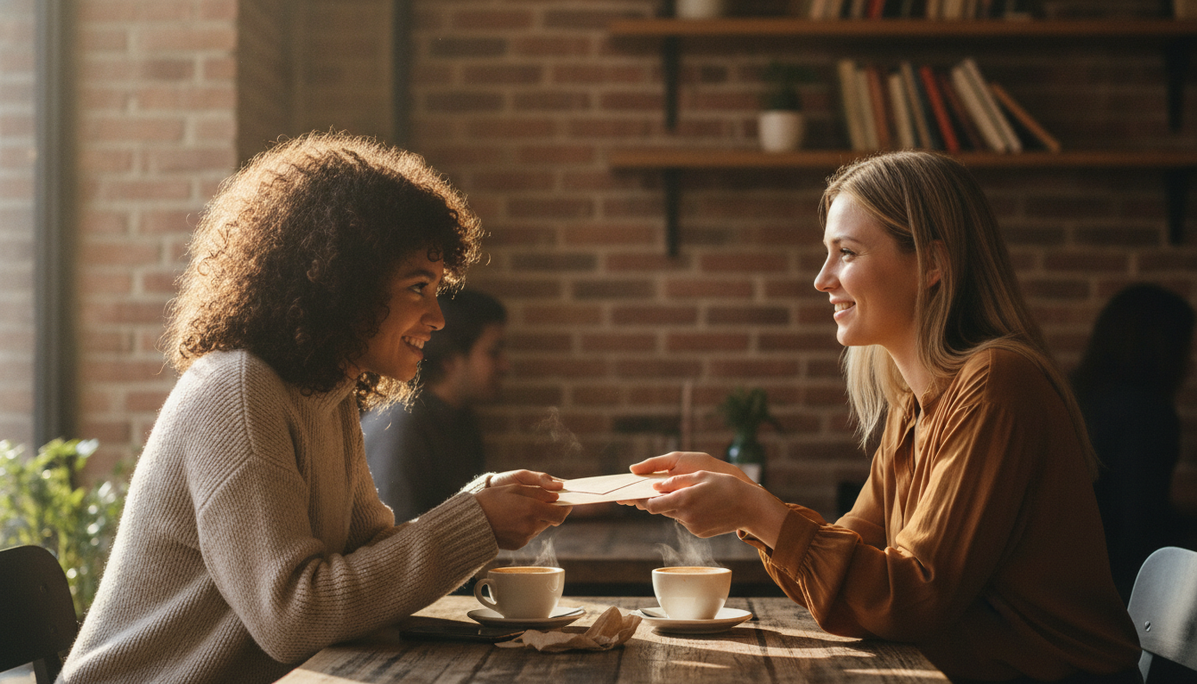 Zwei Frauen im Café, eine unterstützt die andere mit einer finanziellen Geldgeschenk-Geste