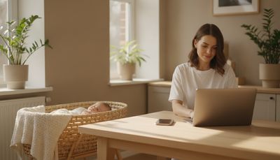 Junge Mutter arbeitet in Teilzeit am Laptop neben schlafendem Baby im hellen Zuhause