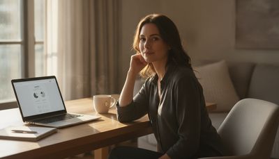 Frau sitzt entspannt am Laptop und macht online Umfragen für Nebenverdienst